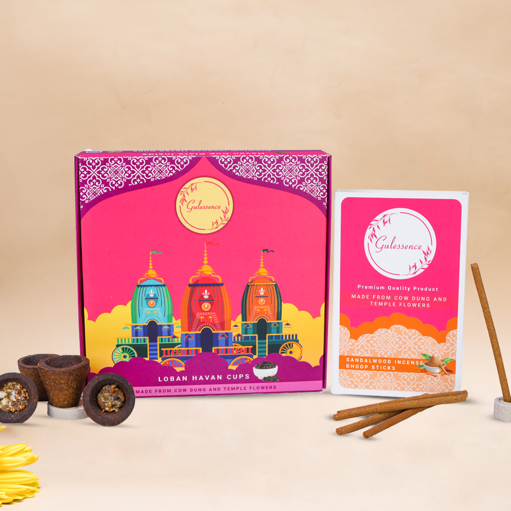 Loban Havan Cup & Sandalwood Dhoop sticks Petrichor - Made from Cowdung & Temple Flowers | Combo Boxes | Gulessence - EarthBased 