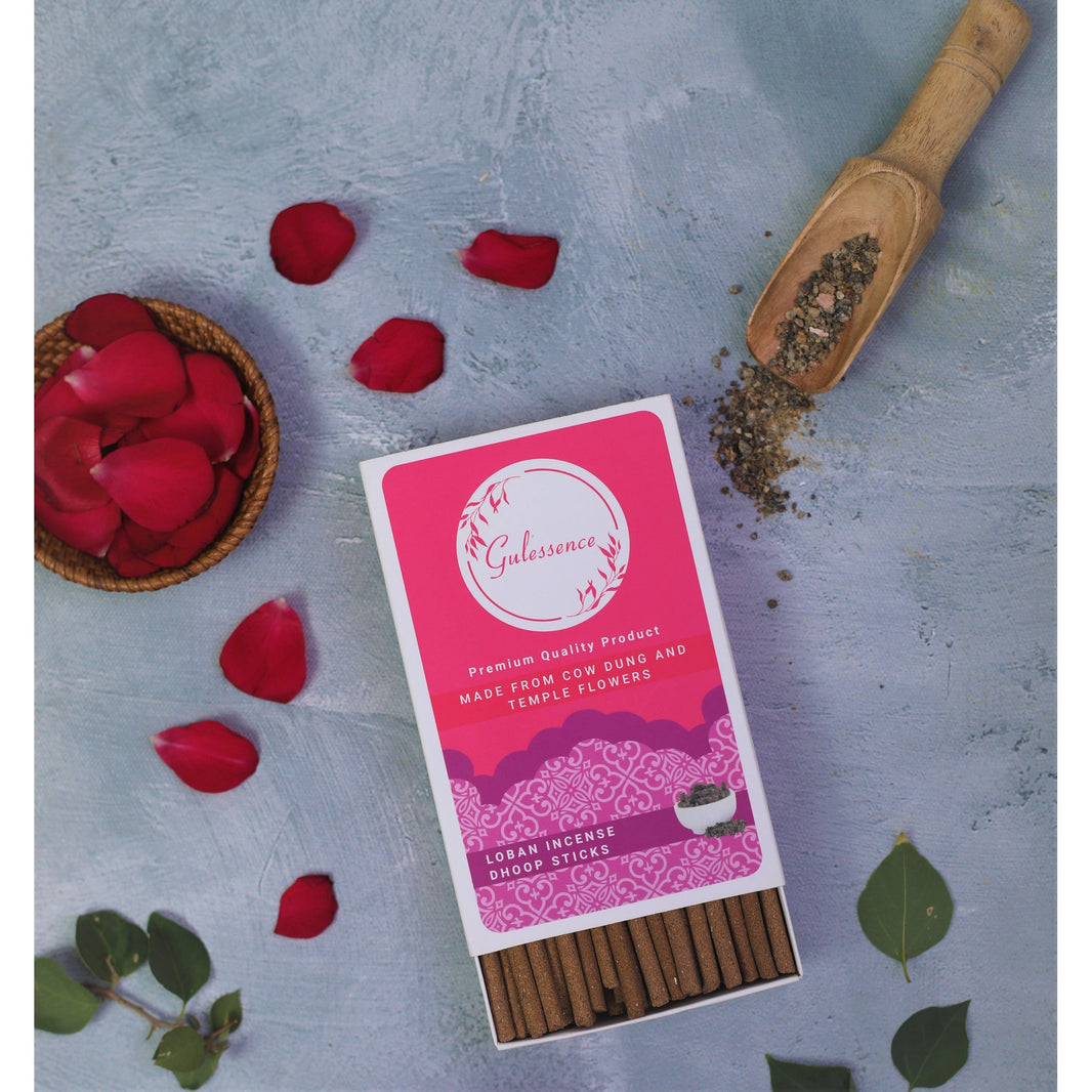 Sandalwood Incense Sticks & Loban Dhoop sticks  Made from Cow dung & Temple Flowers | Combo Boxes | Gulessence - EarthBased 