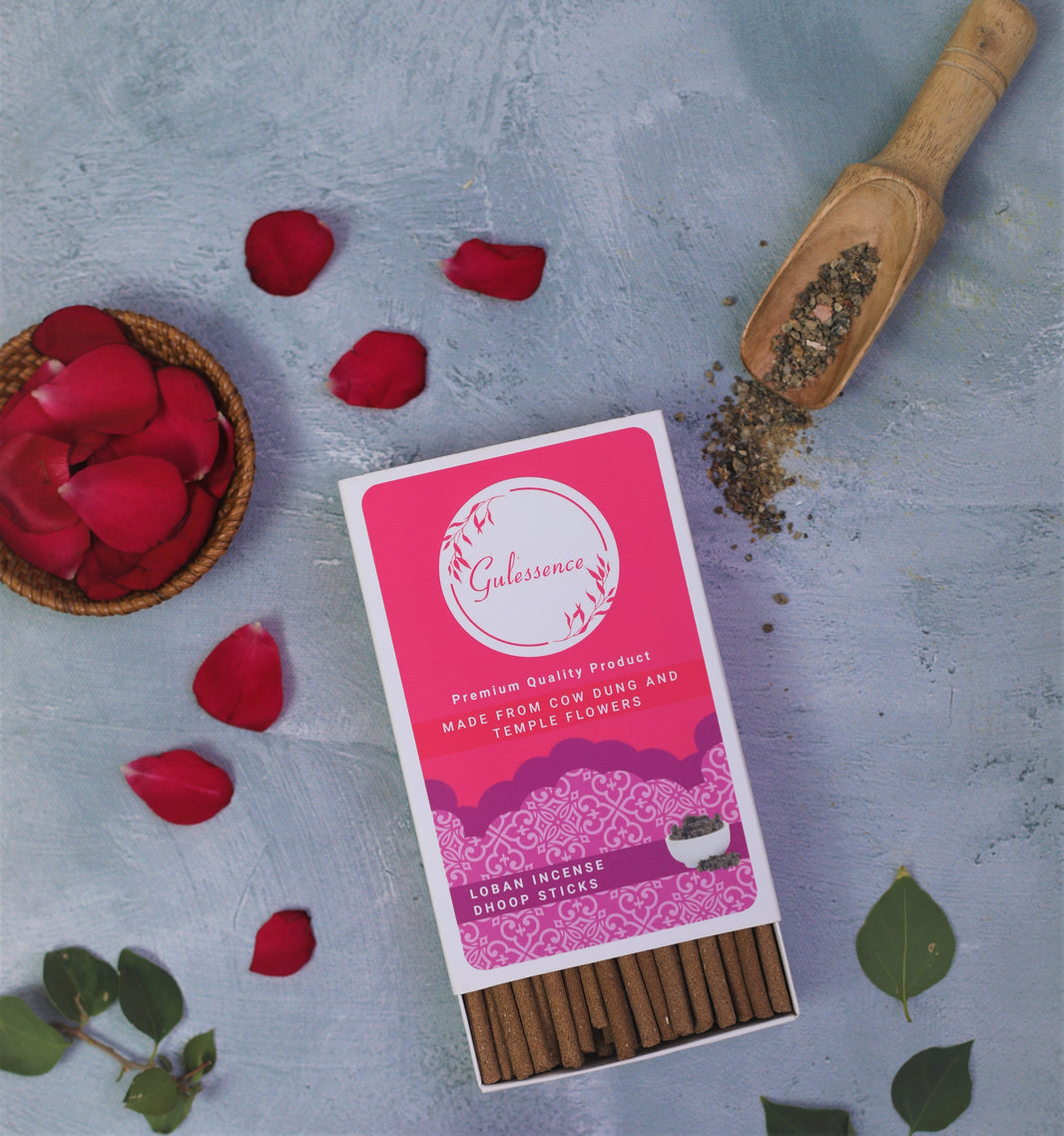 Sandalwood Havan cup & Loban Dhoop sticks Petrichor - Made from Cowdung & Temple Flowers | Combo Boxes | Gulessence - Gulessence
