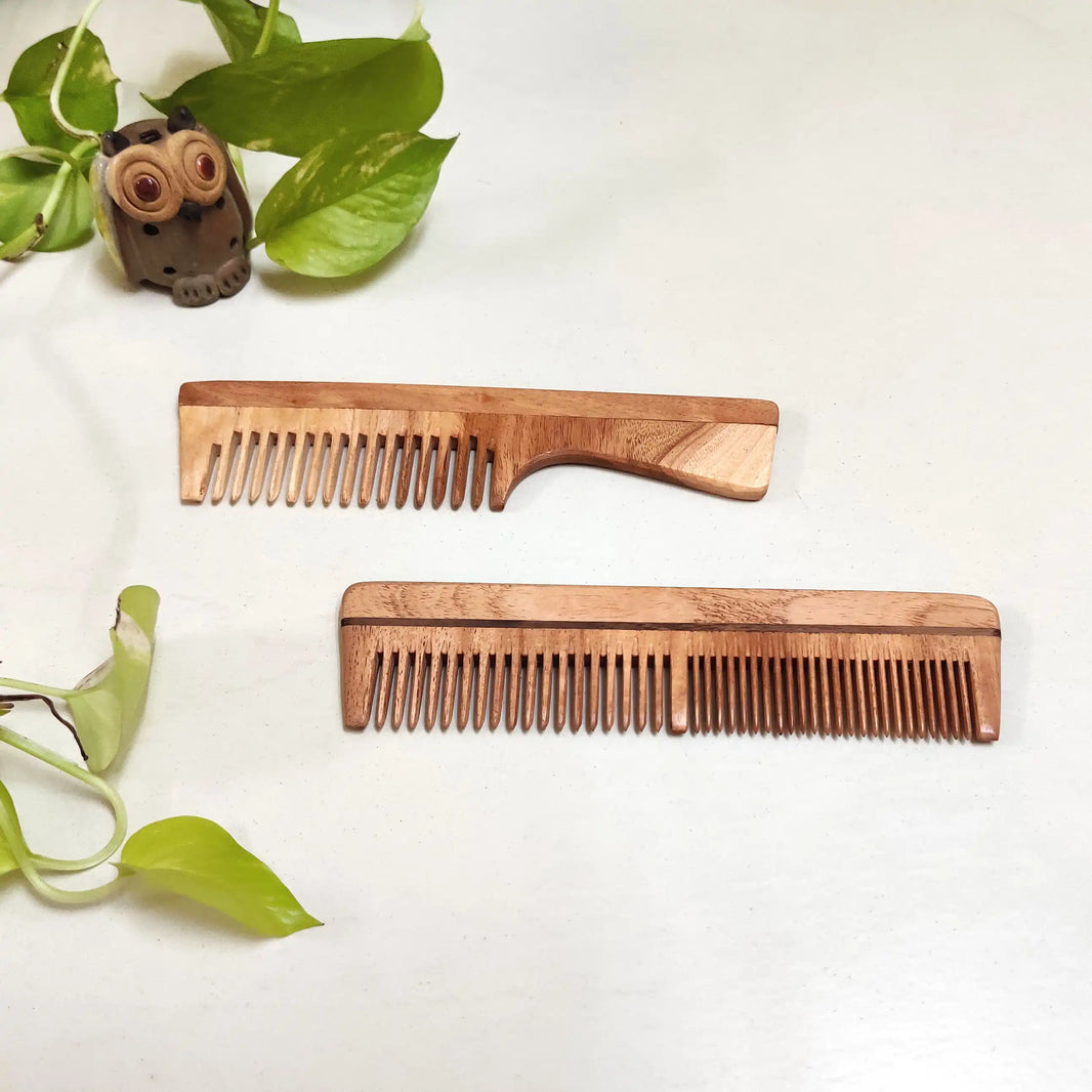 Green Foot Print Neem Wood Combs-Handle and Dual teeth (pack of 2) - EarthBased 