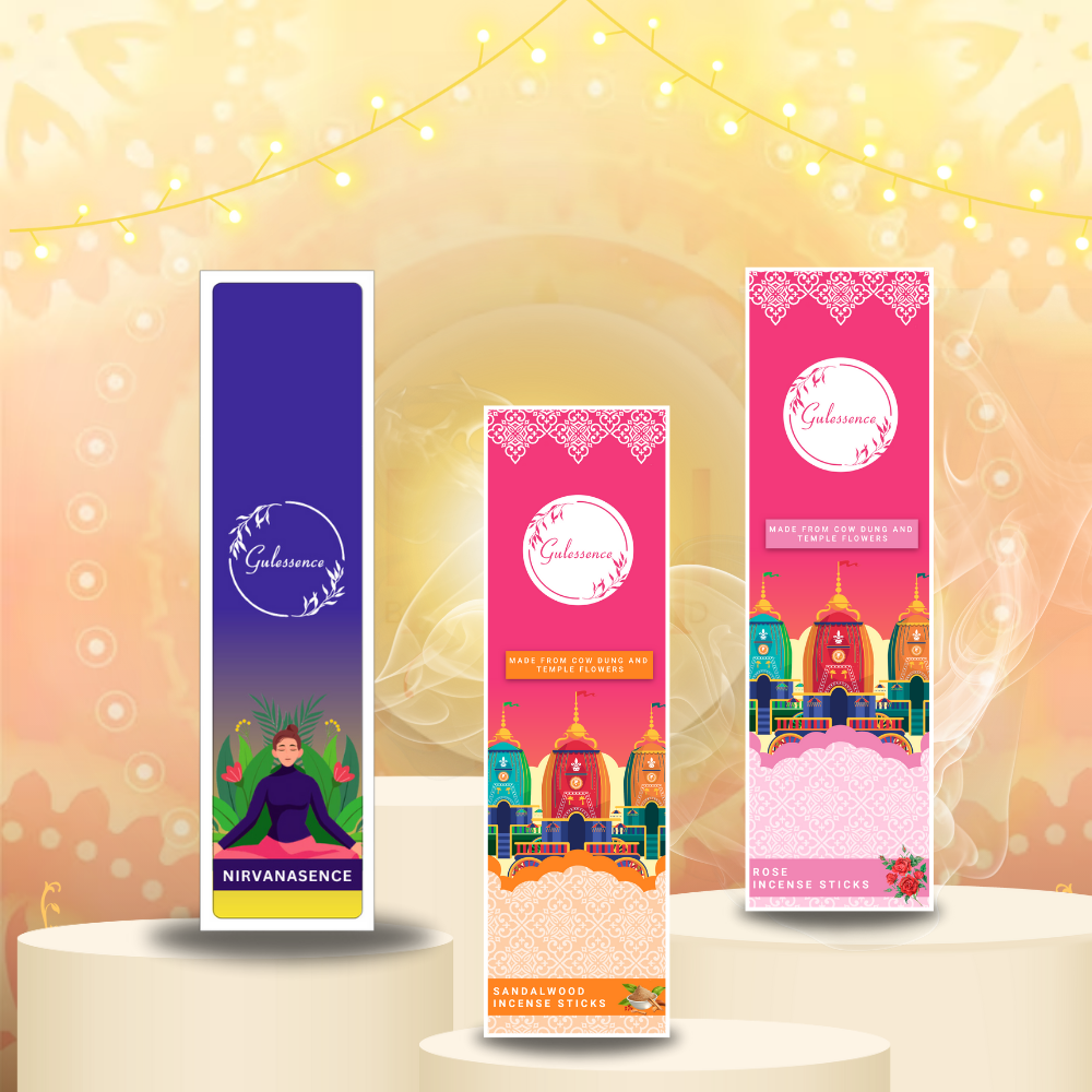 Gulessence Trial Pack Rose, Sandal, Nirvana Scent Incense Sticks with Free Incense Holder | Pack of 3 (15 Incense Sticks Each Box) | Pack of 2 - EarthBased 