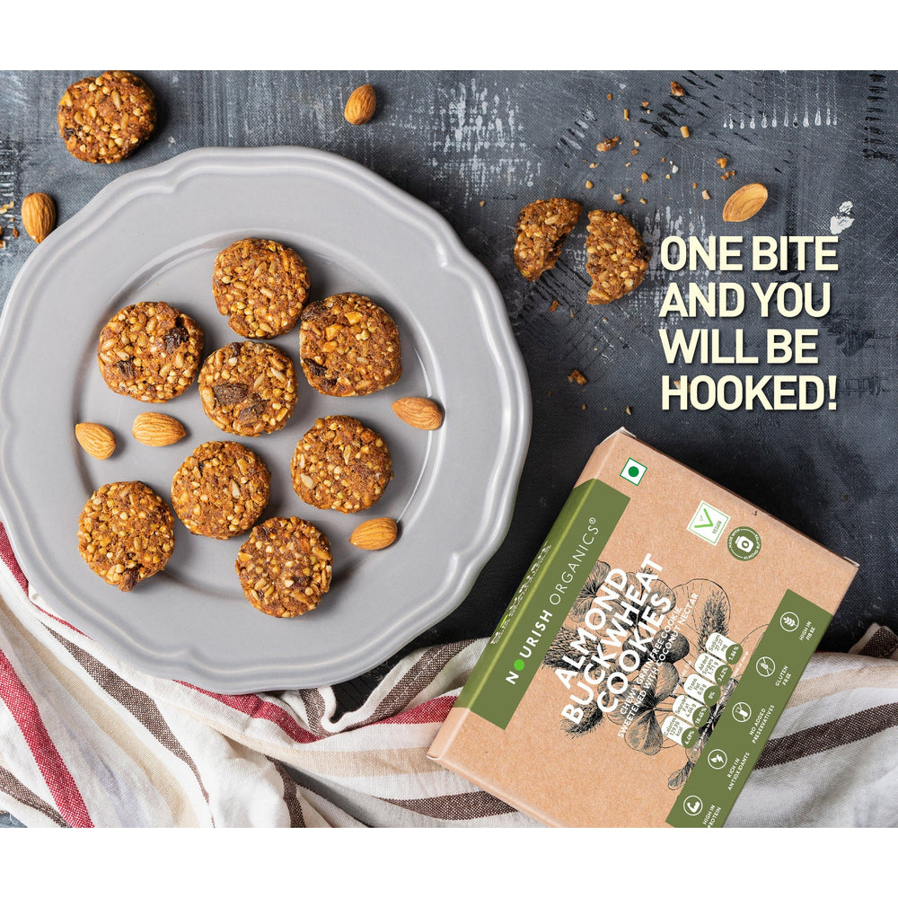 Nourish Organics almond and buckwheat cookies served on a plate