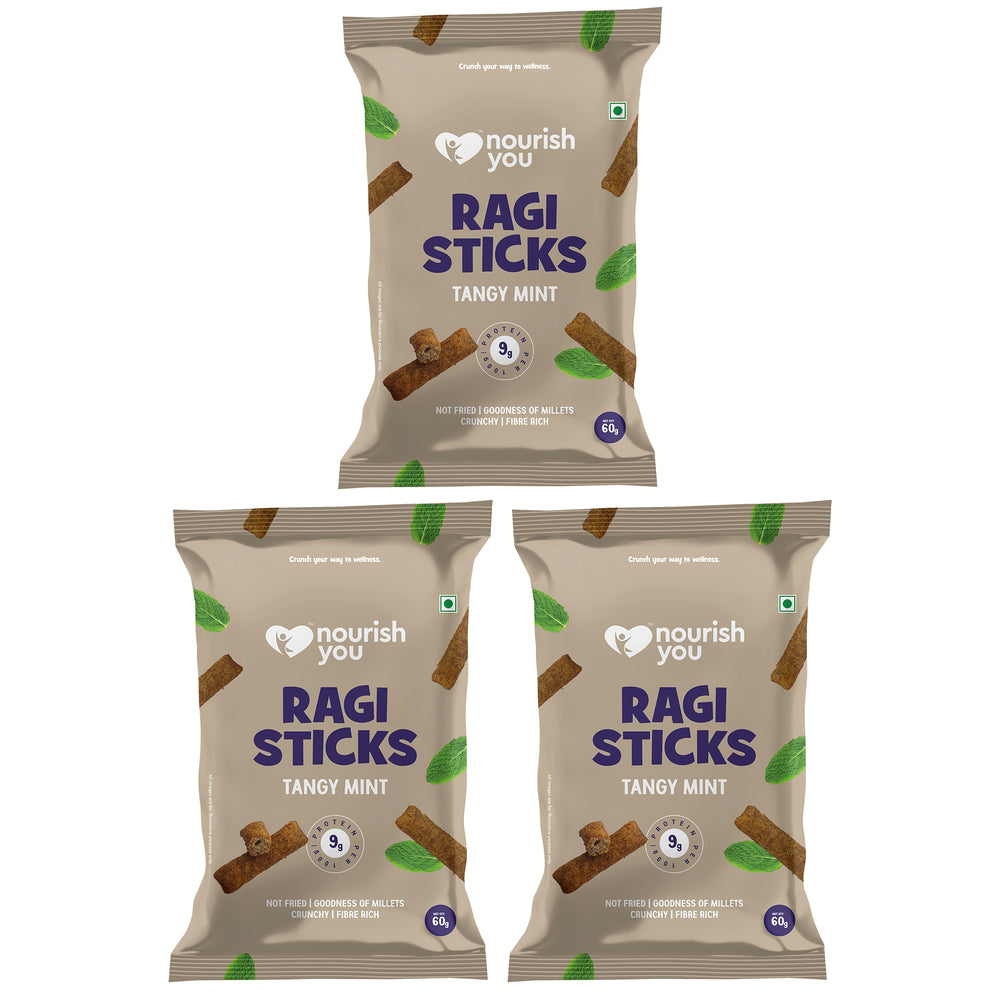 Nourish You - Ragi Sticks ( Chips ) - Tangy Mint Flavour - Healthy Baked Snacks-60g | Pack of 3 - EarthBased 