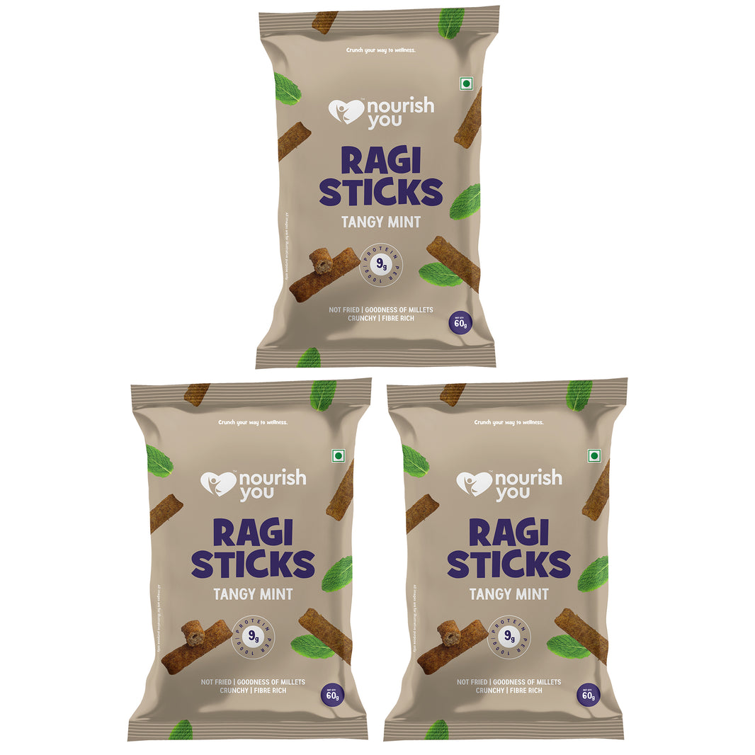 Nourish You - Ragi Sticks ( Chips ) - Tangy Mint Flavour - Healthy Baked Snacks-60g | Pack of 3 - EarthBased 
