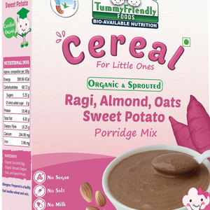 TummyFriendly Foods Certified Organic Sprouted Ragi, Almond, Oats, Sweet Potato Porridge Mix | Made of Sprouted Whole Grain Ragi | Rich in Calcium, Iron, Healthy-Fat, Fibre & Micro-Nutrients |200g Cereal (200 g) - EarthBased 