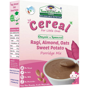 TummyFriendly Foods Certified Organic Sprouted Ragi, Almond, Oats, Sweet Potato Porridge Mix | Made of Sprouted Whole Grain Ragi | Rich in Calcium, Iron, Healthy-Fat, Fibre & Micro-Nutrients |200g Cereal (200 g) - EarthBased 