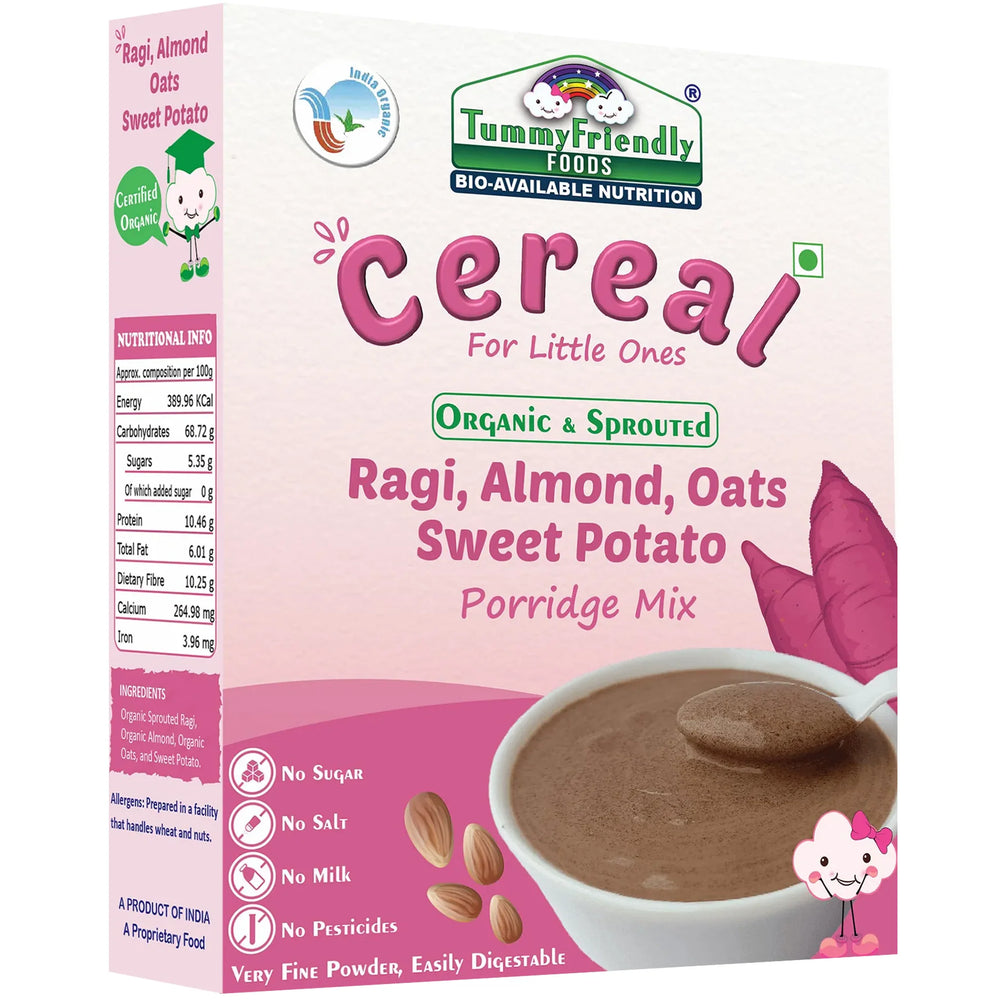 TummyFriendly Foods Certified Organic Sprouted Ragi, Almond, Oats, Sweet Potato Porridge Mix | Made of Sprouted Whole Grain Ragi | Rich in Calcium, Iron, Healthy-Fat, Fibre & Micro-Nutrients |200g Cereal (200 g) - EarthBased 