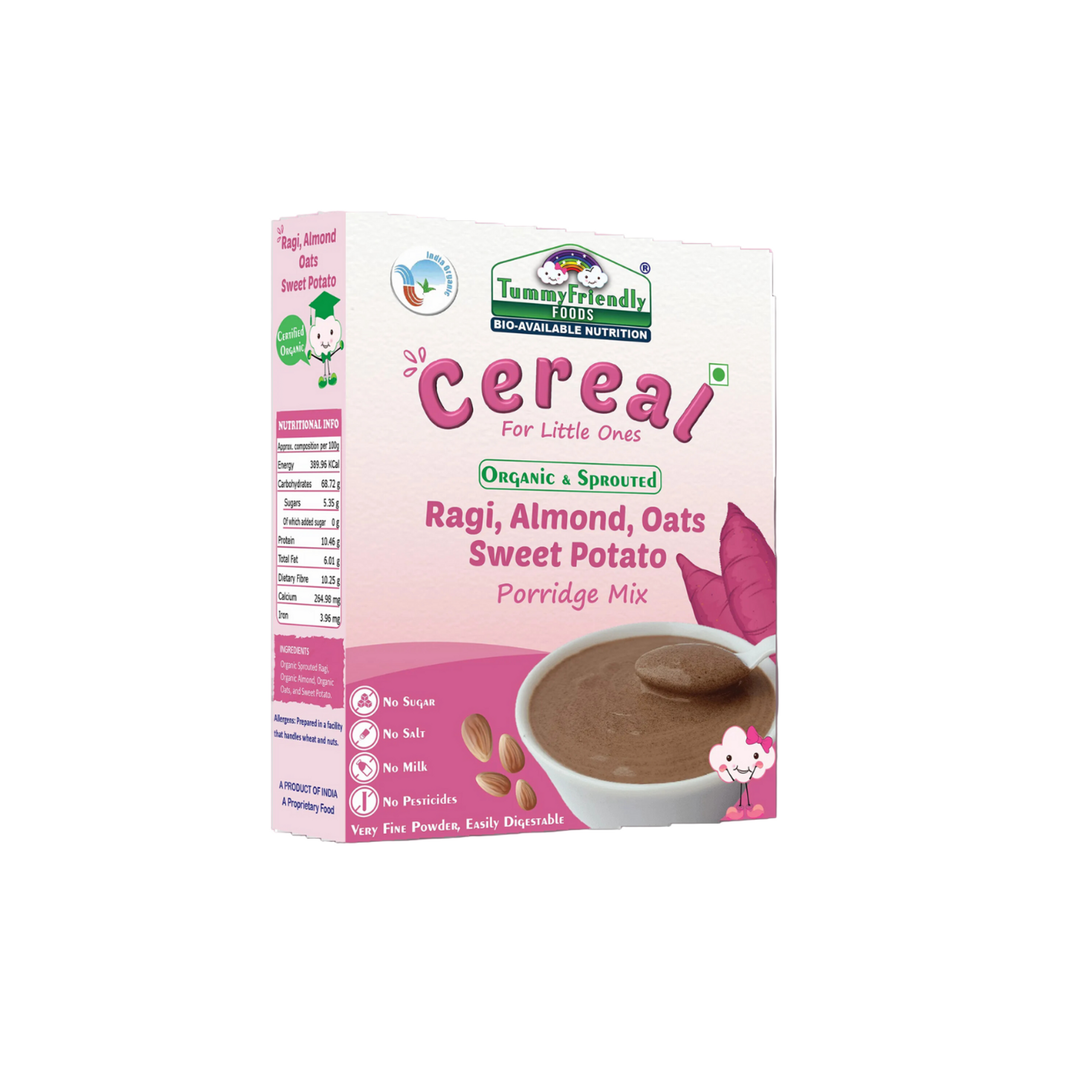 TummyFriendly Foods Certified Organic Sprouted Ragi, Almond, Oats, Sweet Potato Porridge Mix | Made of Sprouted Whole Grain Ragi | Rich in Calcium, Iron, Healthy-Fat, Fibre & Micro-Nutrients |200g Cereal (200 g) - EarthBased 