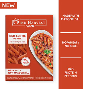 Pink Harvest Farms Red Lentil Pasta | No Rice - No Maida | Vegan | Gluten Free | High Protein | (Red Lentil Penne Pasta - EarthBased 