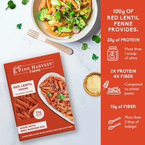 Pink Harvest Farms Red Lentil Pasta | No Rice - No Maida | Vegan | Gluten Free | High Protein | (Red Lentil Penne Pasta - EarthBased 