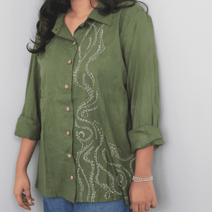 Olive Green pure cotton shirt with hand painted details for women