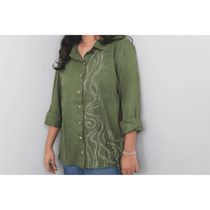 Olive Green pure cotton shirt with hand painted details for women