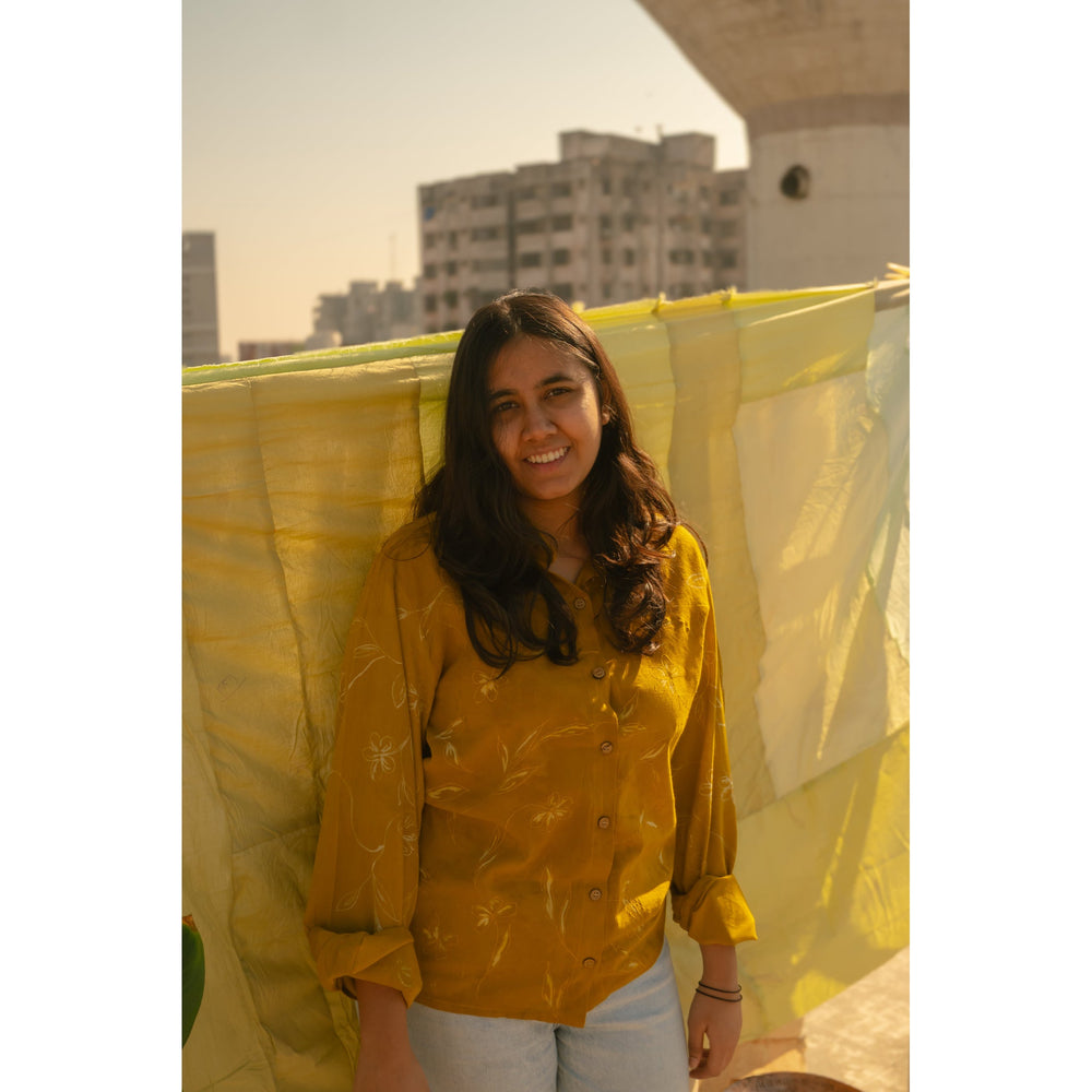 The Phool Shirt by JOD, relaxed-fit unisex floral shirt in mustard