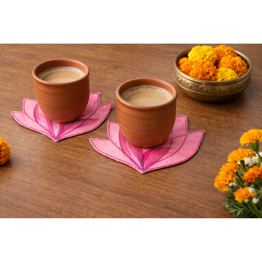 Lotus shaped reusable fabric drink coasters by JOD, set of 4 for tea and coffee cups