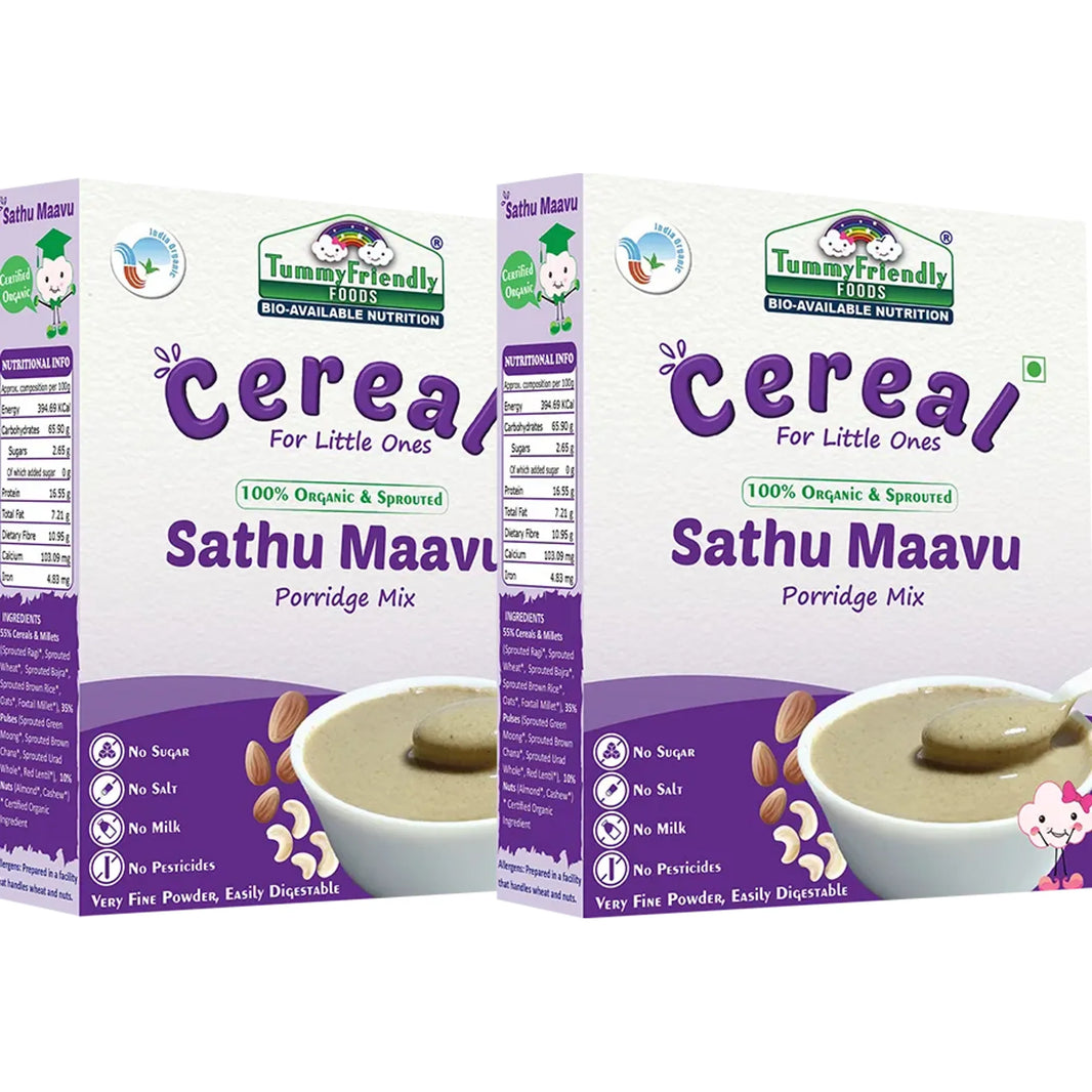 TummyFriendly Foods Certified 100% Organic Sprouted Sathu Maavu Porridge Mix ,Made of Sprouted Ragi, Whole Grains, Pulses & Nuts , Rich in Protein & healthy-Fat For Baby Weight Gain, 200g Each, 2Packs Cereal (400 g, Pack of 2) - EarthBased 