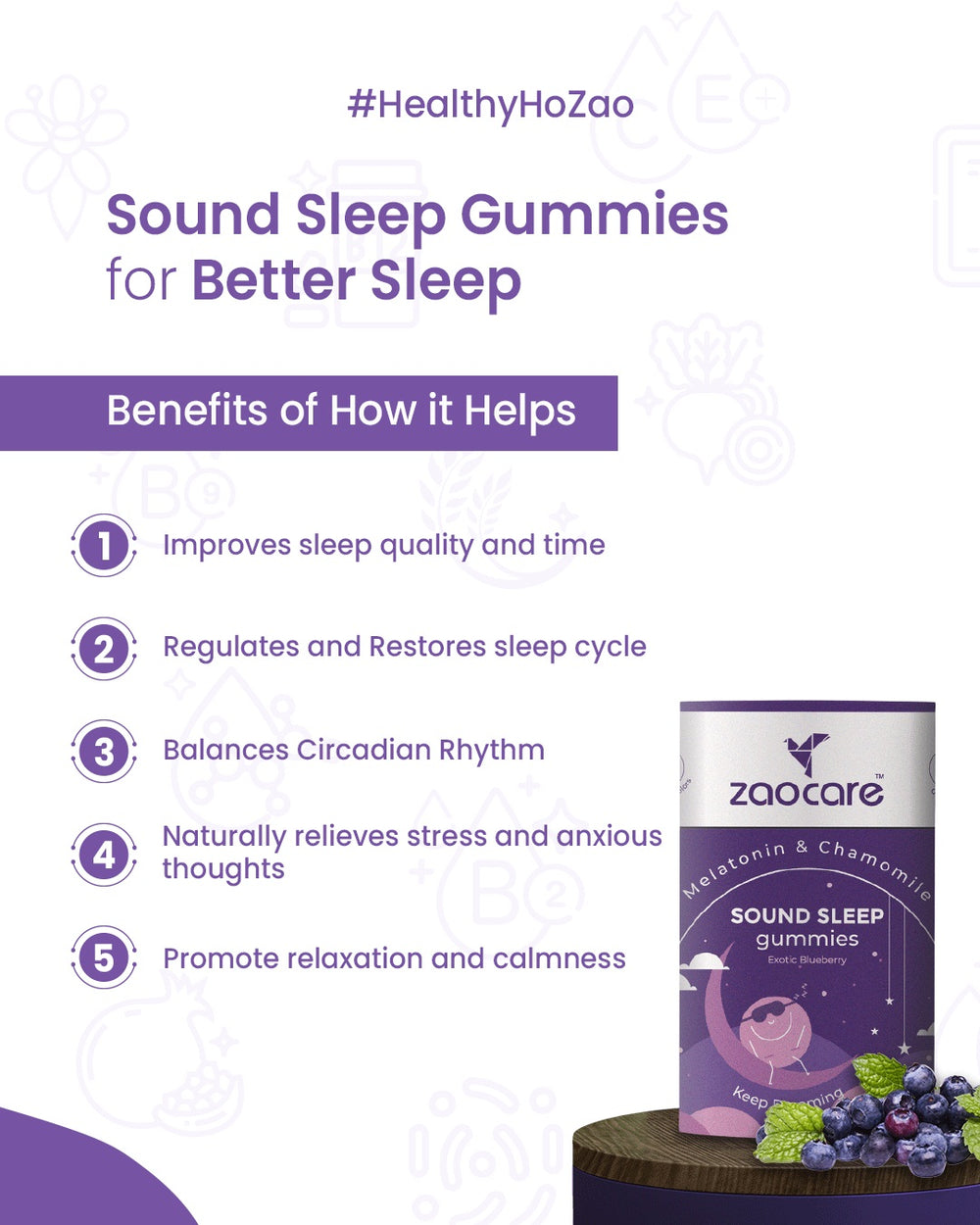 Zaocare Sound Sleep Gummies | Non Habit Forming | Plant Based | With Melatonin, Chamomile & Ashwagandha - EarthBased 