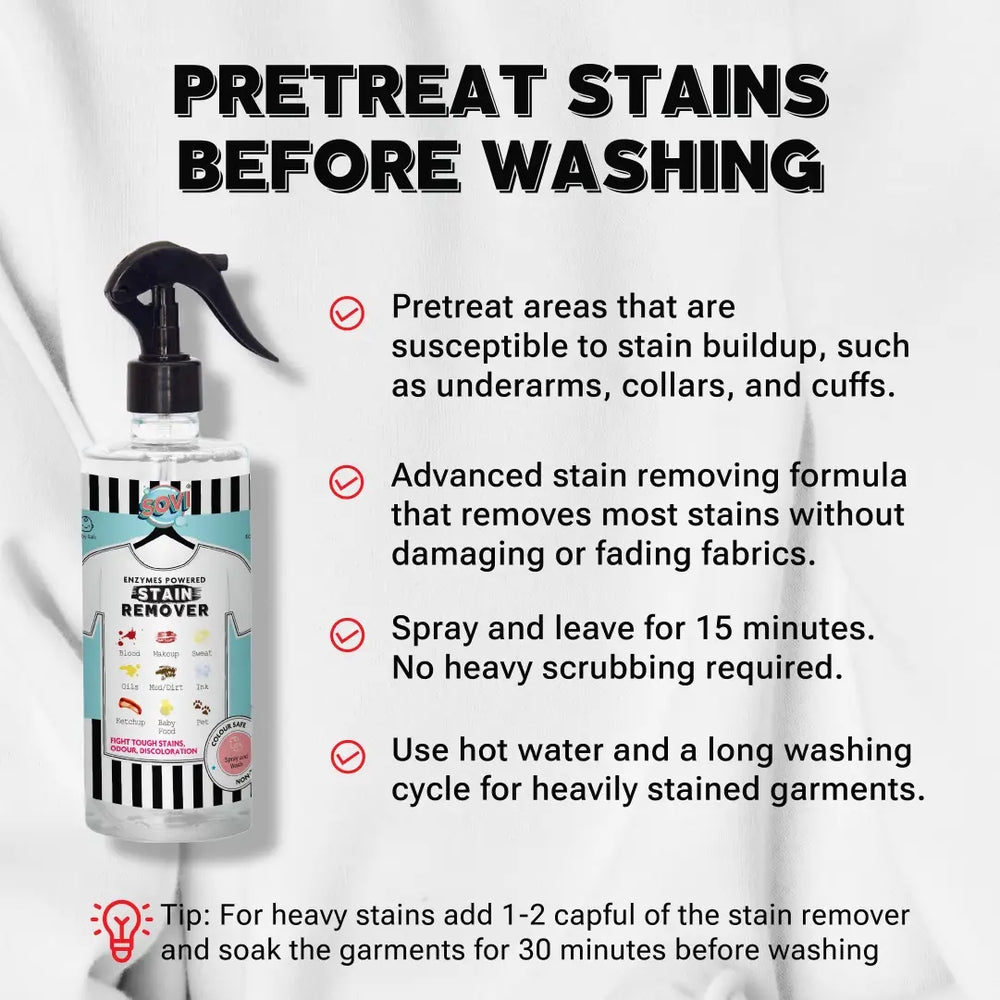 SOVI® LAUNDRY STAIN TREATMENT, ENZYMES POWERED, FIGHTS STAINS, ODOUR & DISCOLOURATION - EarthBased 