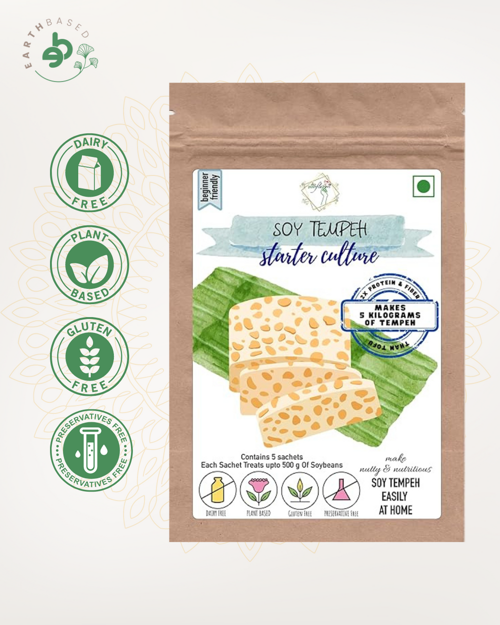 Soy-Based Tempeh Starter Culture | Make Indonesian Tempeh at Home | Easy-to-Use Instructions Included | Makes 5 Kilograms of Soy Tempeh by Posh Flavors - EarthBased 