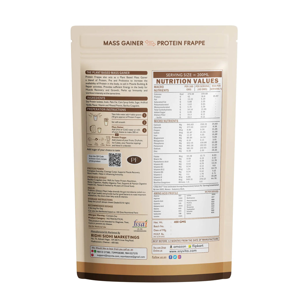 SOYVITA – PROTEIN FRAPPE WITH PREBIOTICS AND PROBIOTICS | NON DAIRY | Serves – 10 (400 Gms) - EarthBased 