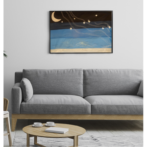 The Cascading Night textile wall art by JOD, hand-painted starry night with kantha embroidery