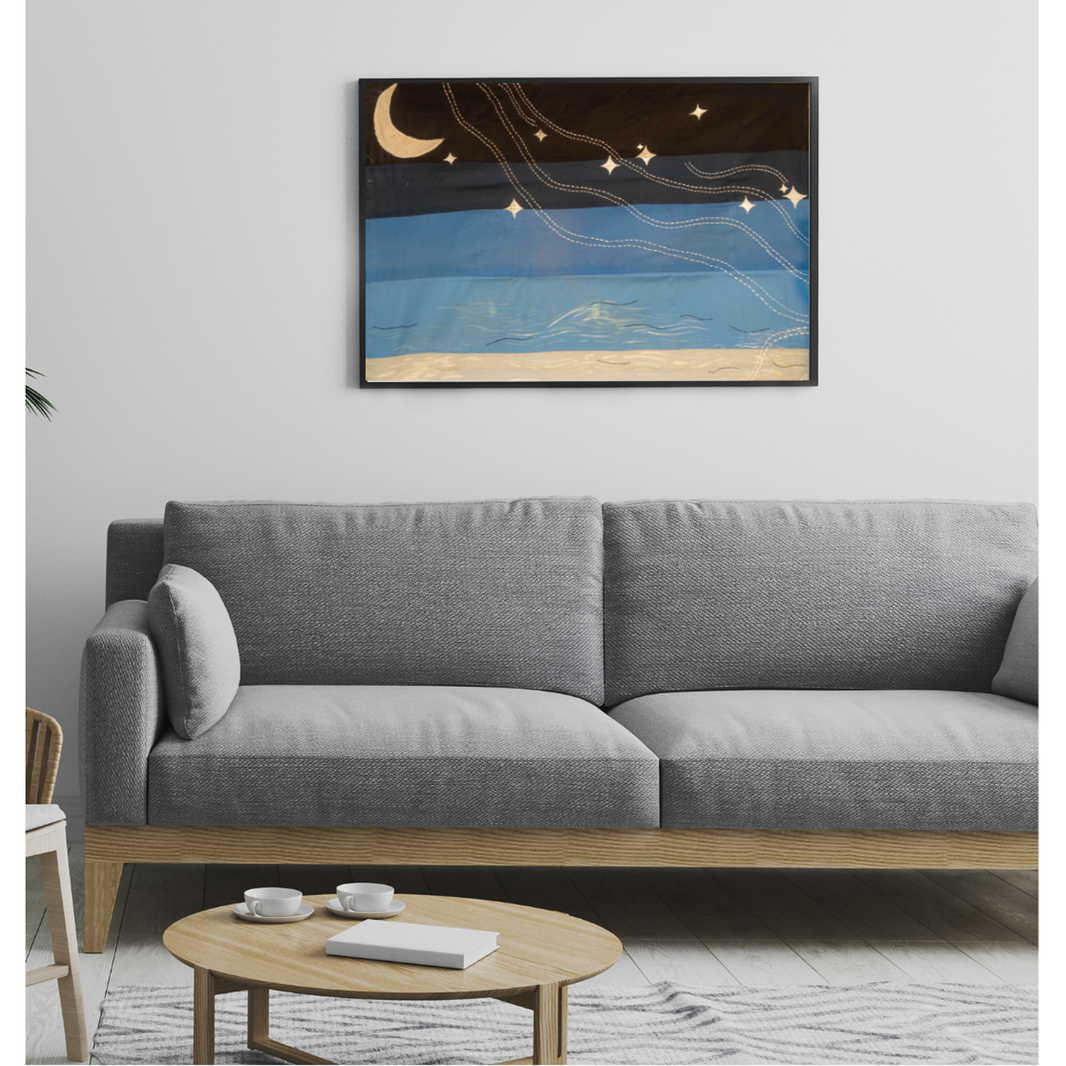 The Cascading Night textile wall art by JOD, hand-painted starry night with kantha embroidery