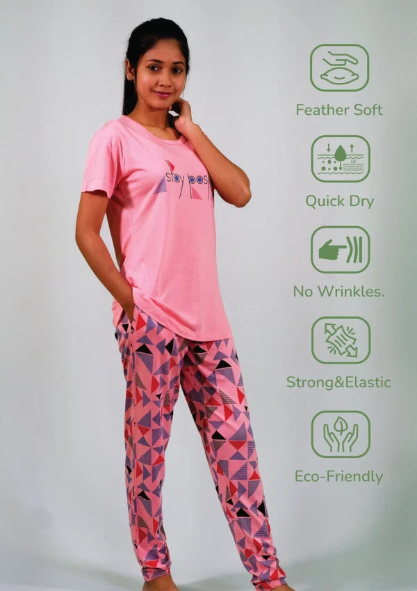 Stay Positive T-shirt & Pant Night Dress in Salmon Rose | Playout - EarthBased 