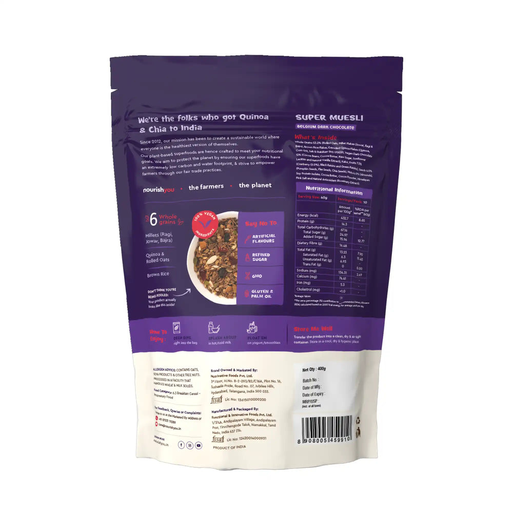 Nourish You Super Muesli Belgium Dark Chocolate 400gm - EarthBased 