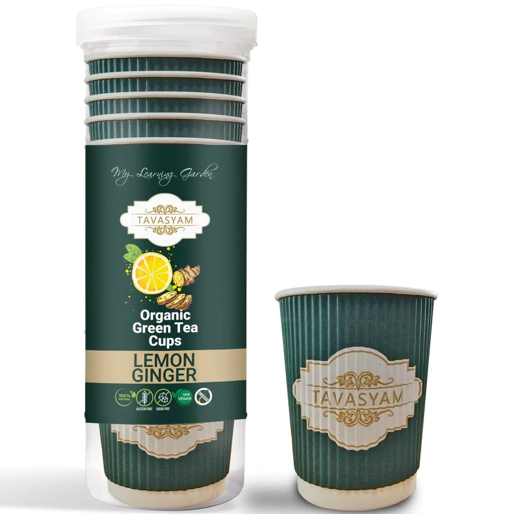 TAVASYAM Ready to Sip Lemon Ginger Green Tea Cup | Green Tea for Weight Loss | Vegan, Gluten Free & Sugar Free | Lemon Ginger Green Tea | Pre-Filled Tea Cups 200ml | Tea Cups Set of 12 - EarthBased 