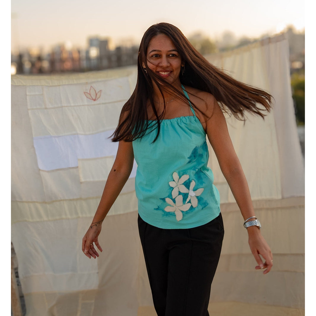 The POO Tank Top by JOD in turquoise with hand-stitched floral detail, regular and plus sizes