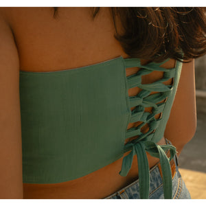 Teal strapless floral party corset by JOD