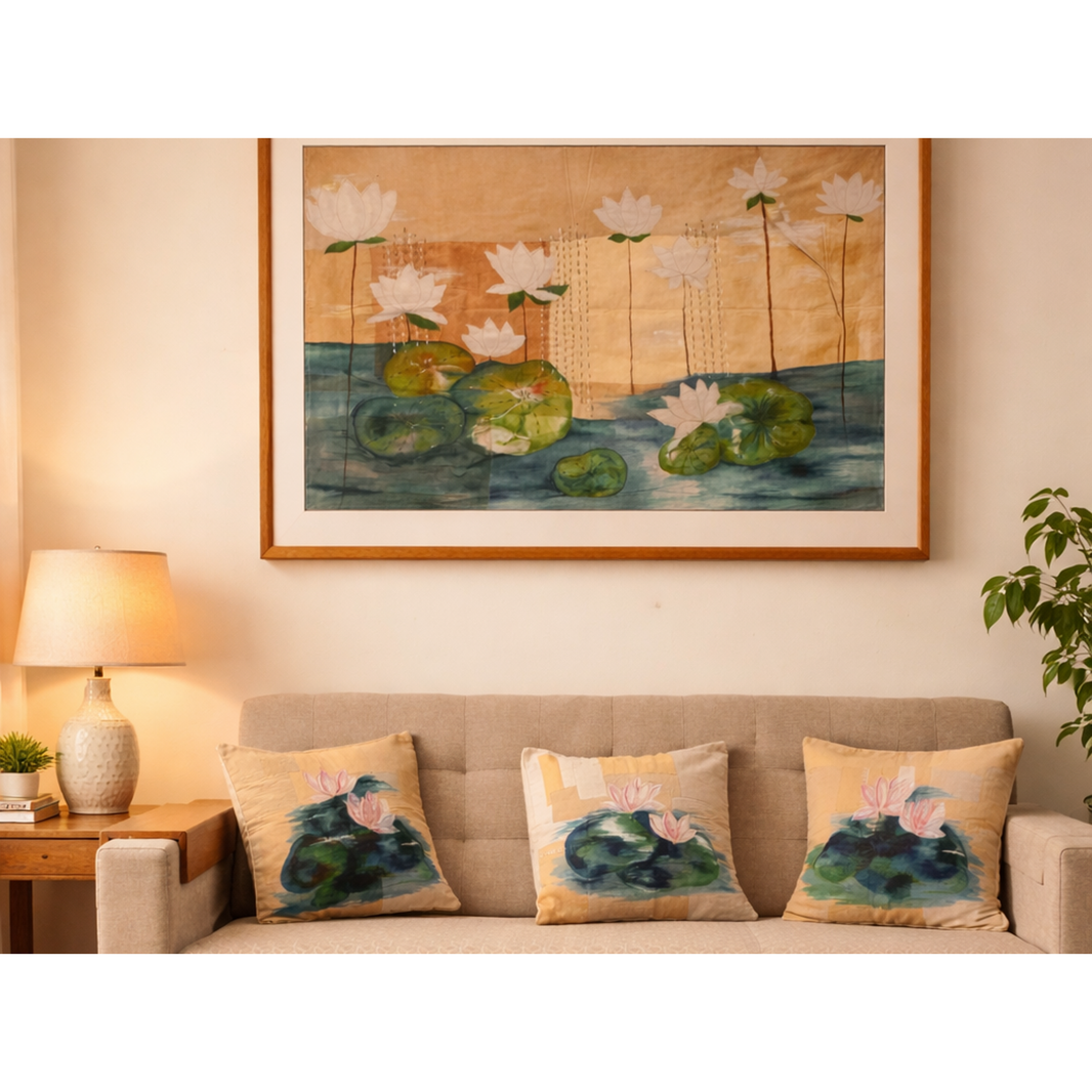 The Whispers of Dusk textile wall art by JOD with floral detailing, beige