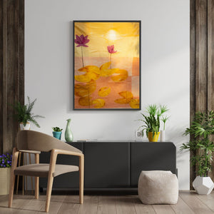 Living room with a painting of flowers on the wall, a chair, and decorative plants.
