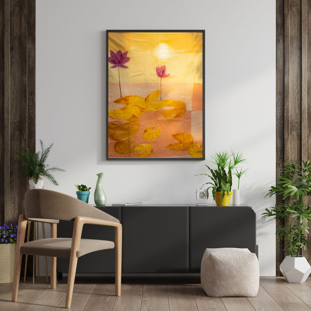 Living room with a painting of flowers on the wall, a chair, and decorative plants.