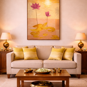 Living room with beige sofa, wooden coffee table, and decorative textile artwork on wall.