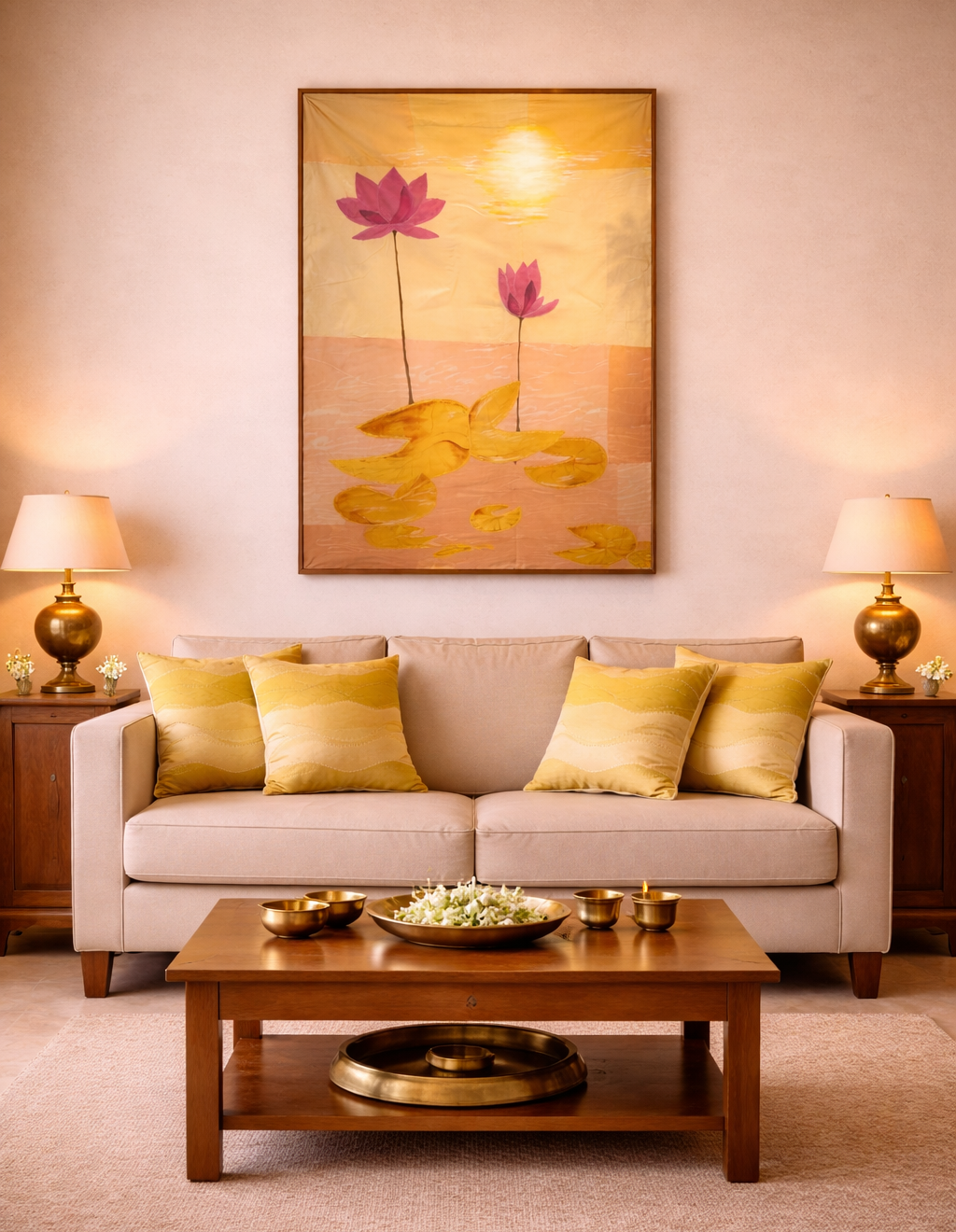 Living room with beige sofa, wooden coffee table, and decorative textile artwork on wall.