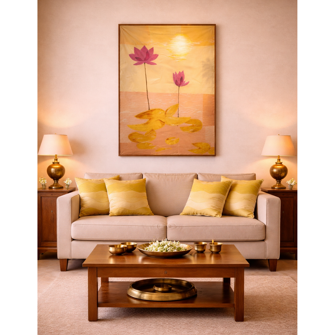 Living room with beige sofa, wooden coffee table, and decorative textile artwork on wall.