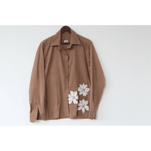 Ocassion wear beige shirt with white floral patterns with beaded details