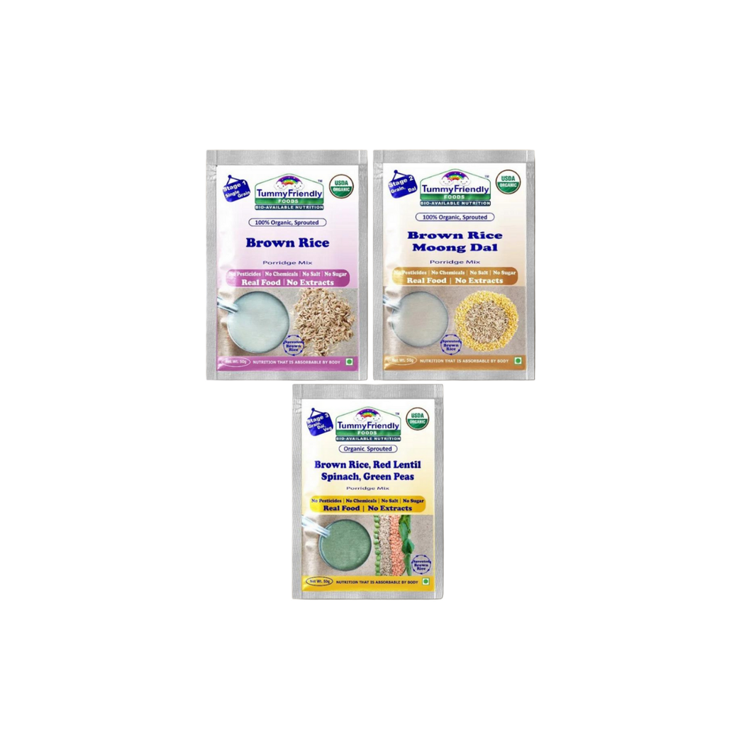 TummyFriendly Foods Certified Brown Rice Porridge Mixes - Stage1, Stage2, Stage3 | Rich in Gamma-Aminobutyric Acid (GABA), Protein |3 Packs, 50g Each Cereal (150 g, 2 x Pack of 3) - EarthBased 