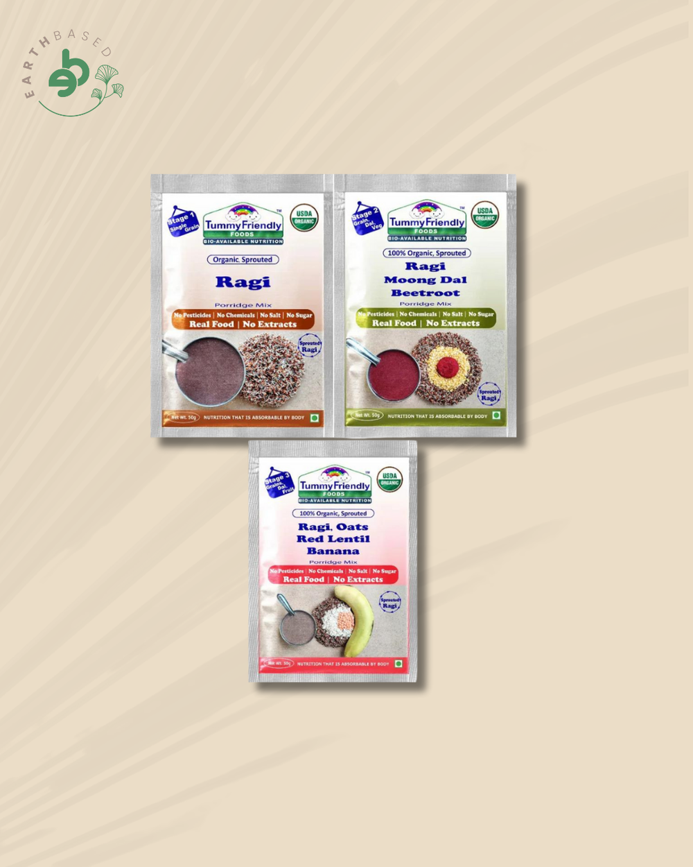TummyFriendly Foods Certified Ragi Porridge Mixes - Stage1, Stage2, Stage3 | Rich in Calcium, Iron, Fibre & Micro-Nutrients |3 Packs, 50g Each Cereal (150 g, Pack of 3) - EarthBased 