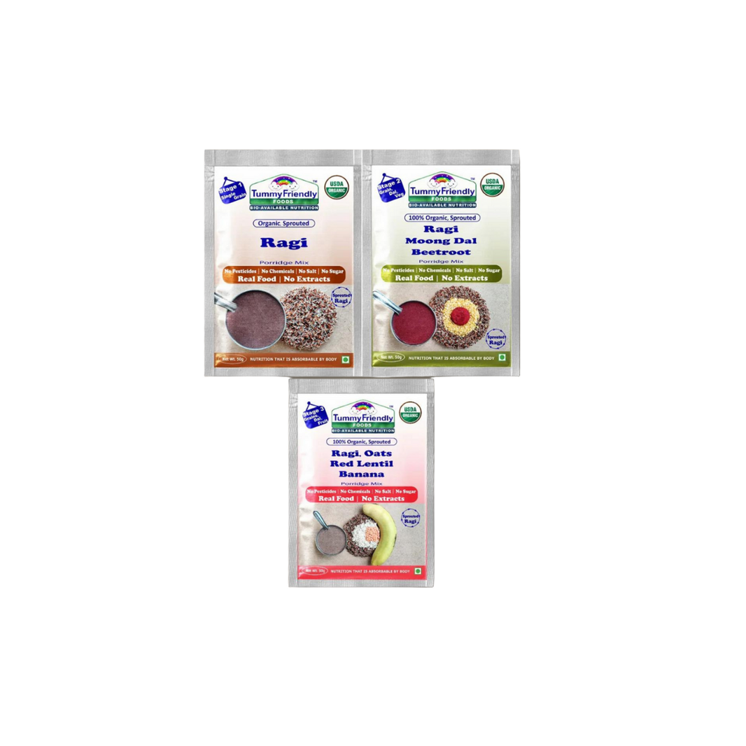 TummyFriendly Foods Certified Ragi Porridge Mixes - Stage1, Stage2, Stage3 | Rich in Calcium, Iron, Fibre & Micro-Nutrients |3 Packs, 50g Each Cereal (150 g, 2 x Pack of 3) - EarthBased 