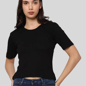 Elegant Bamboo Rib fabric Half Sleeves Top For girl | Black - EarthBased 