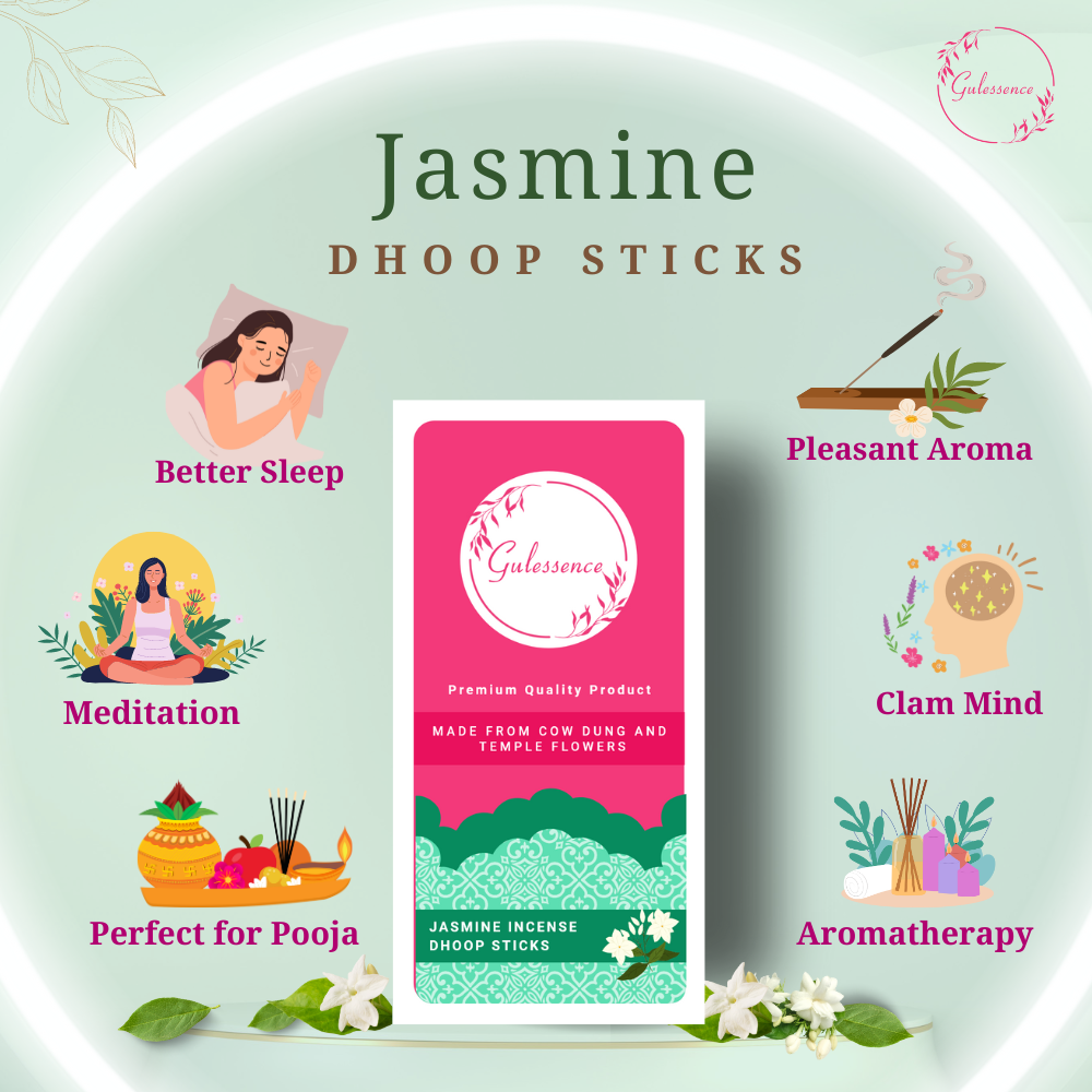Jasmine Bamboo Less Dhoop Sticks | Made from Cow dung & Temple Flower | Gulessence - EarthBased 