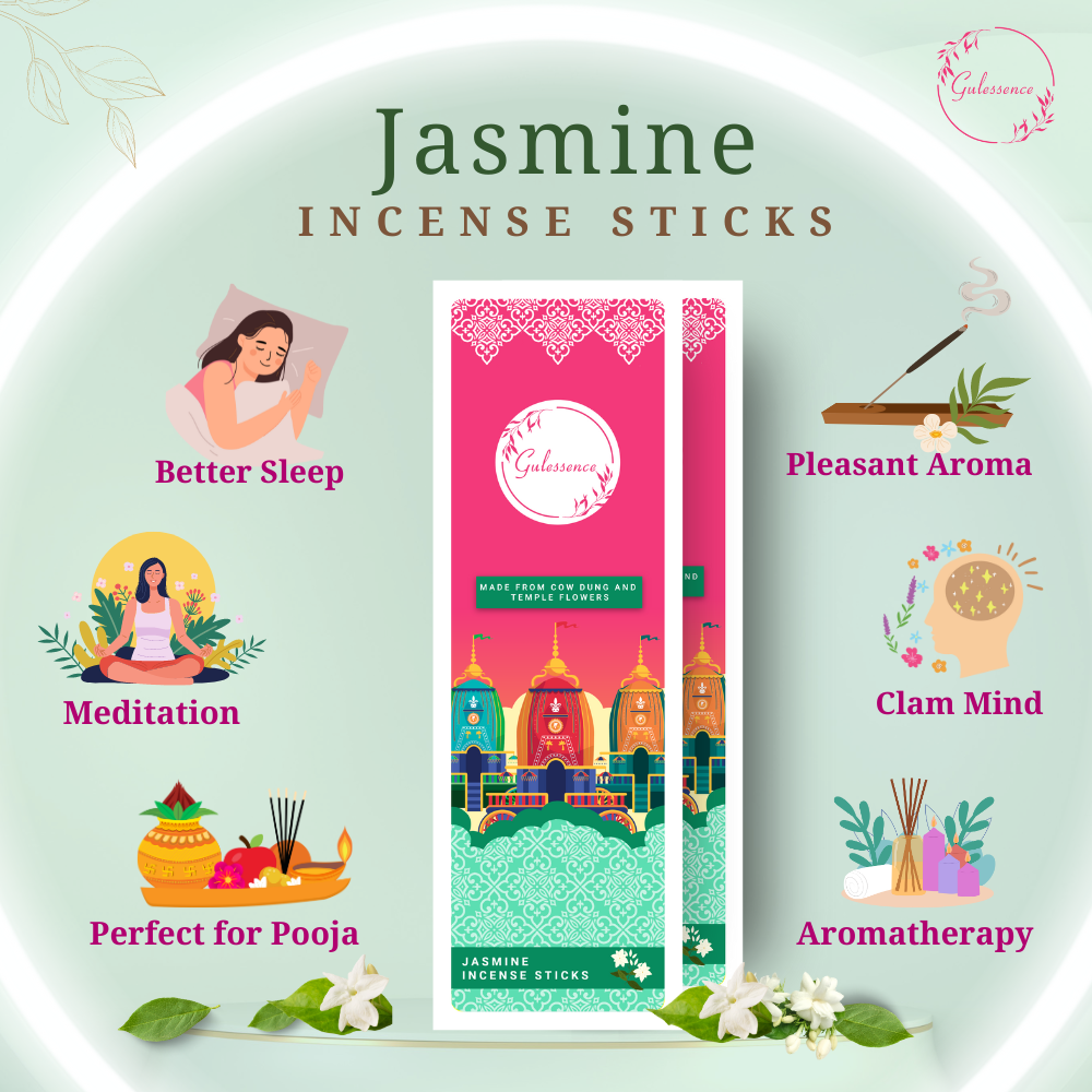 Jasmine Incense Sticks With Free Incense Holder | Made from Cow dung & Temple Flower | Gulessence | Pack of 2 - EarthBased 