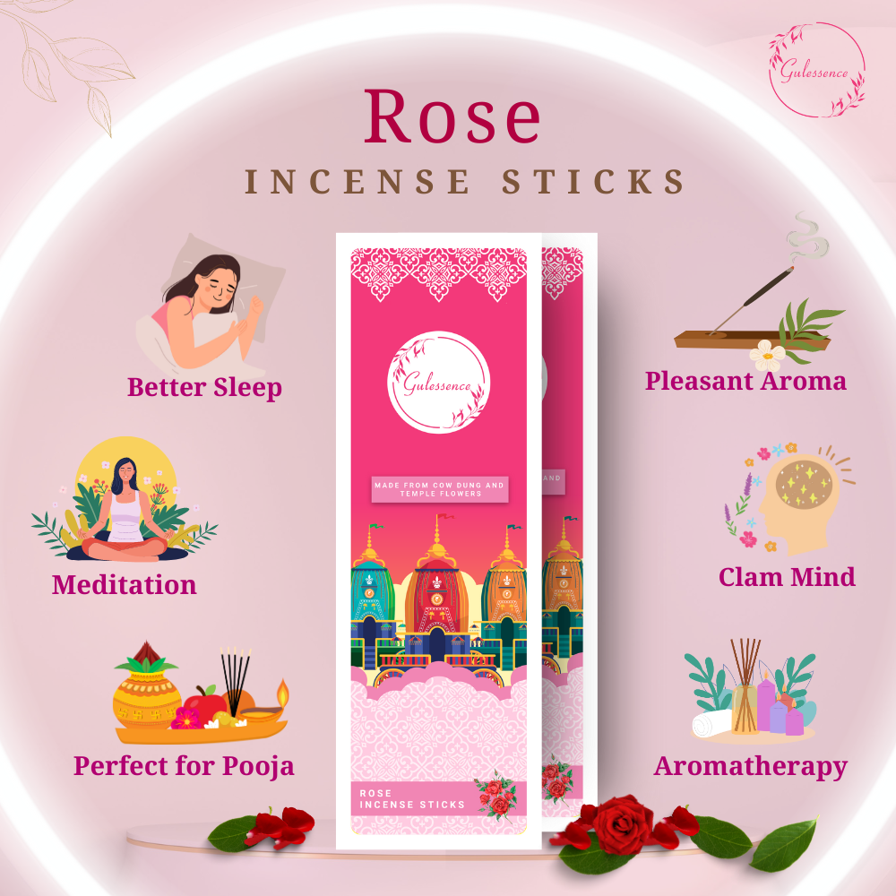 Rose Incense Sticks With Free Incense Holder| Made from Cowdung & Temple Flowers | Gulessence - EarthBased 
