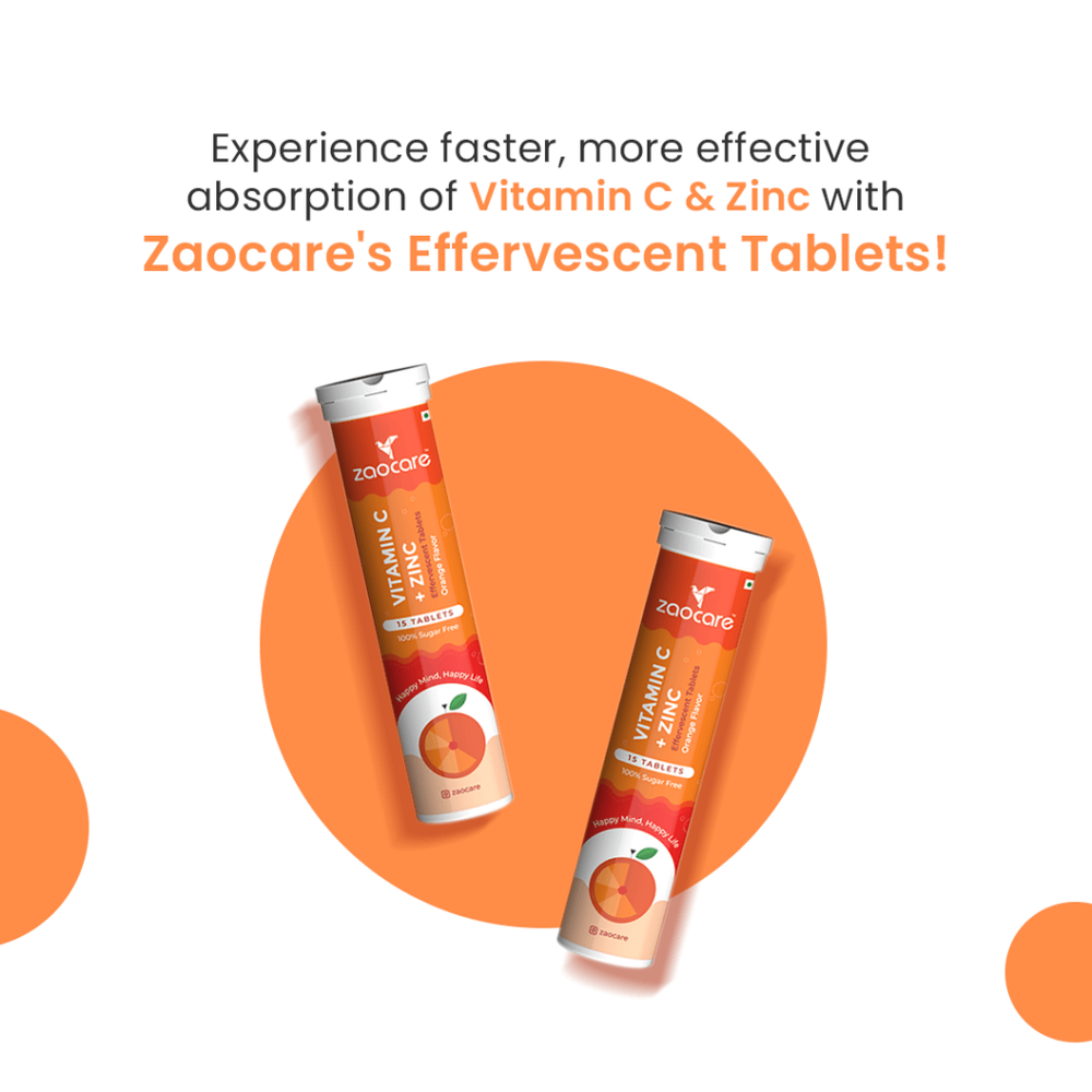 Zaocare Vitamin C & Zinc Effervescent Tablets For Glowing Skin | Immunity Booster | For Men & Women - EarthBased 