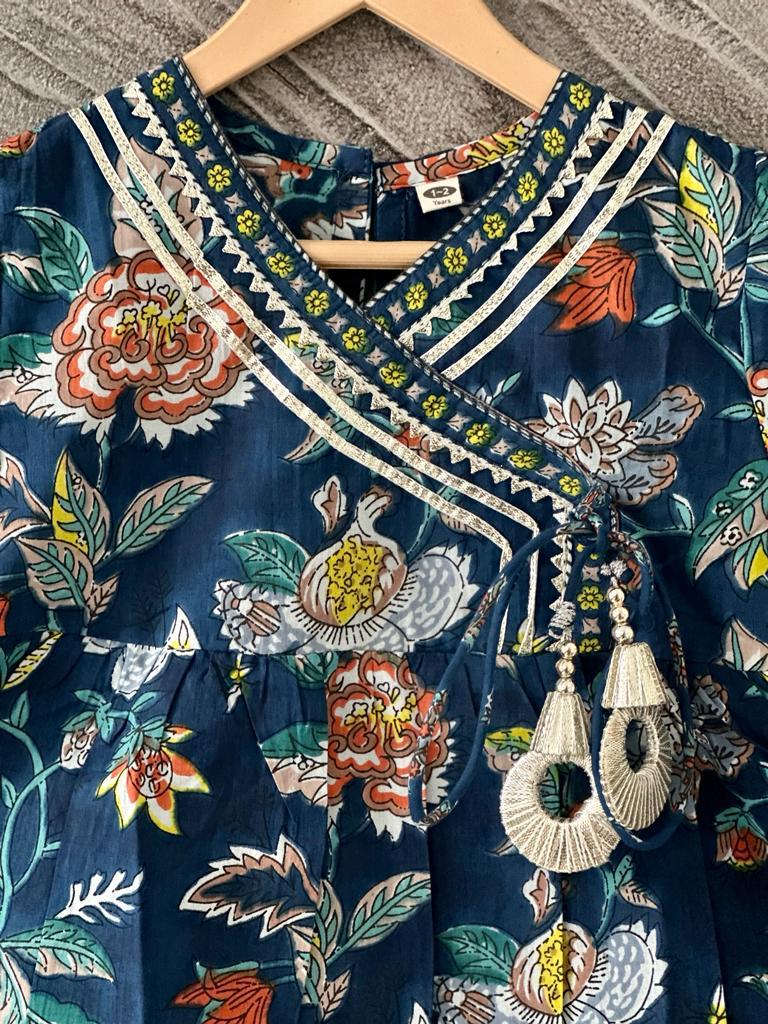 Kid’s Girls Pure Cotton Jaipur Block Printed Indian Ethnic Festive Party Wear Suit Sets | Blue - EarthBased 