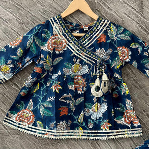 Kid’s Girls Pure Cotton Jaipur Block Printed Indian Ethnic Festive Party Wear Suit Sets | Blue - EarthBased 