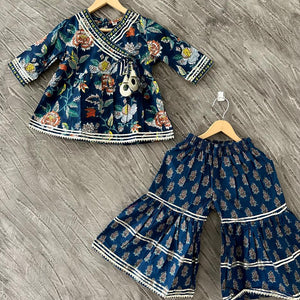 Kid’s Girls Pure Cotton Jaipur Block Printed Indian Ethnic Festive Party Wear Suit Sets | Blue - EarthBased 