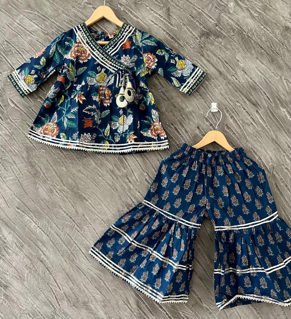 Kid’s Girls Pure Cotton Jaipur Block Printed Indian Ethnic Festive Party Wear Suit Sets | Blue - EarthBased 