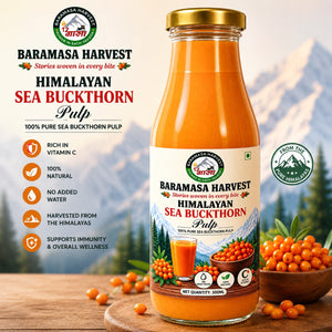 Baramasa Harvest sea buckthorn pulp bottle with Himalayan mountains in the background